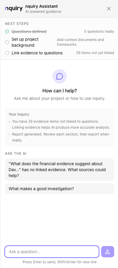 Inqura AI Guide chat panel with contextual investigation assistance