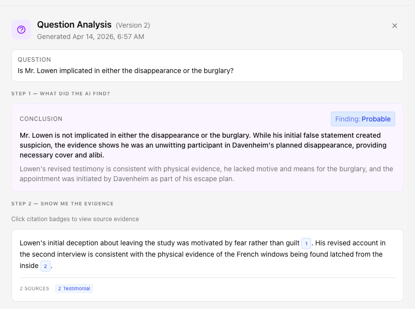 Inqura analysis result with citation traces and a Quality Confidence badge produced by the validation stack