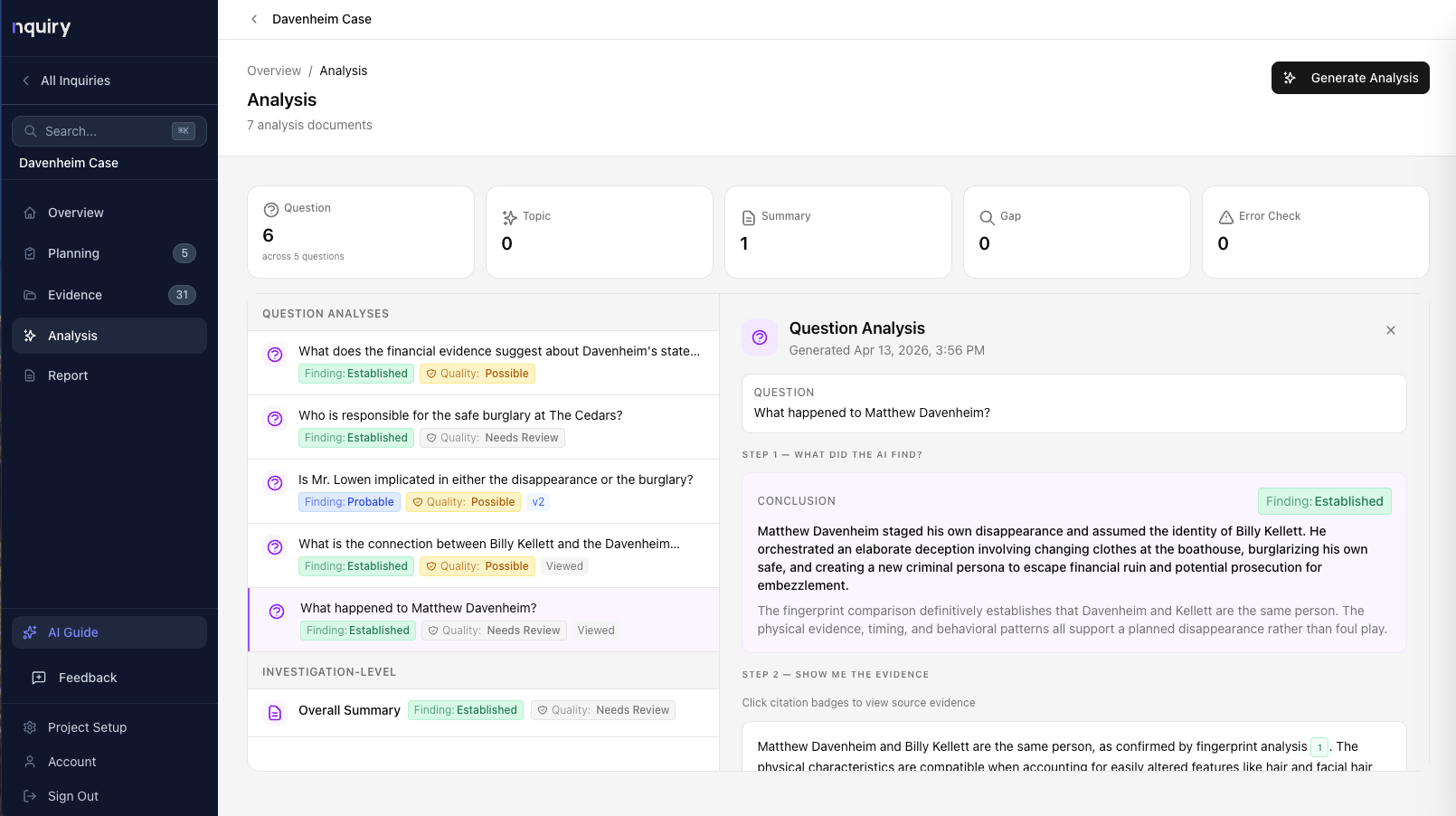 Analysis phase — AI-generated findings with citations and confidence levels