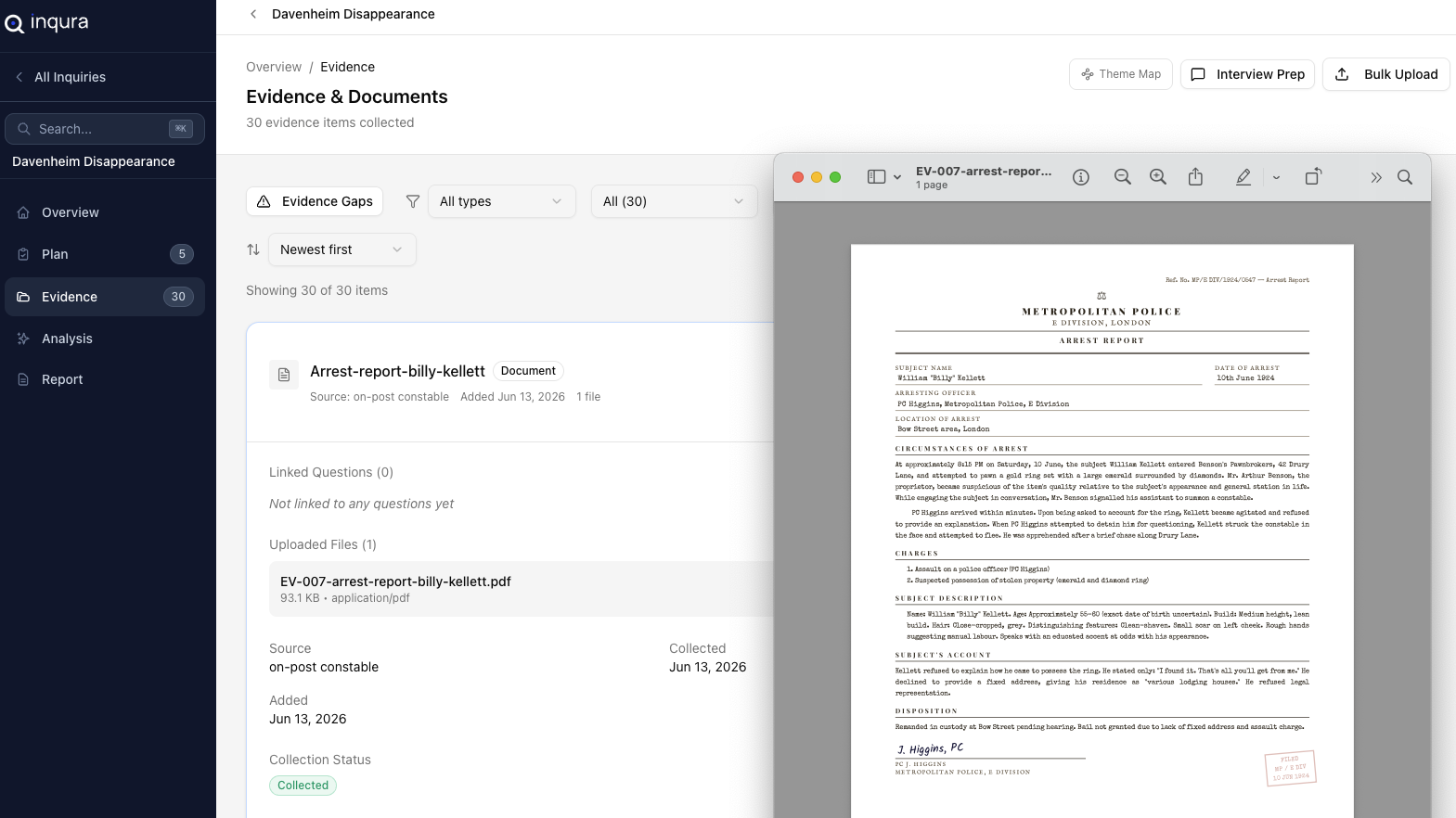Inqura evidence library with a source document open for inline review alongside the cataloged evidence list