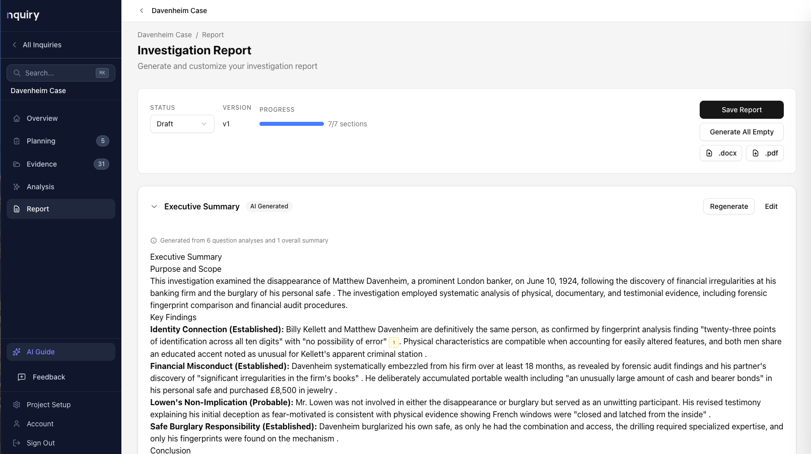 Reporting phase — report editor with inline citations